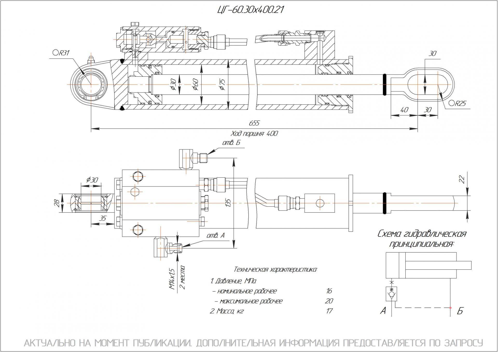  Чертеж ЦГ-60.30х400.21 Гидроцилиндр
